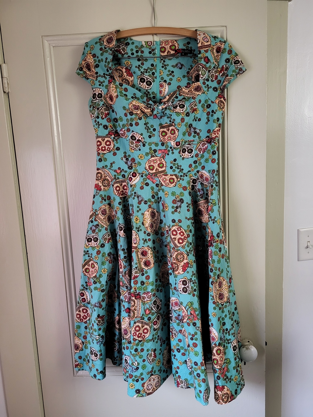 Hell Bunny Aqua Sugar Skull Print Dress with Red Bow